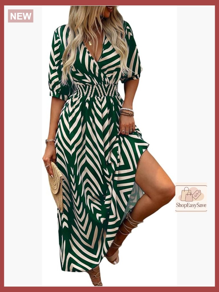 Summer Wrap V Neck Smocked A Line Midi Dress Half Sleeve Elegant Chic